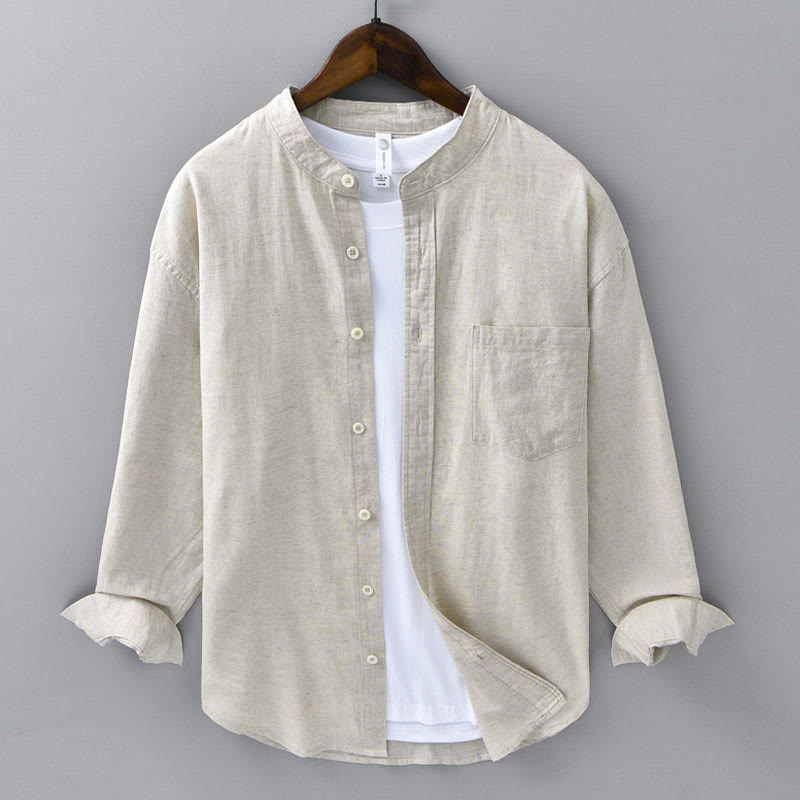 Buddha Stones Men's Long Sleeve Stand Collar With Pocket Pure Color Casual Cotton Linen Shirt - Linen - US/UK/AU40，EU50 (3XL) - image 0
