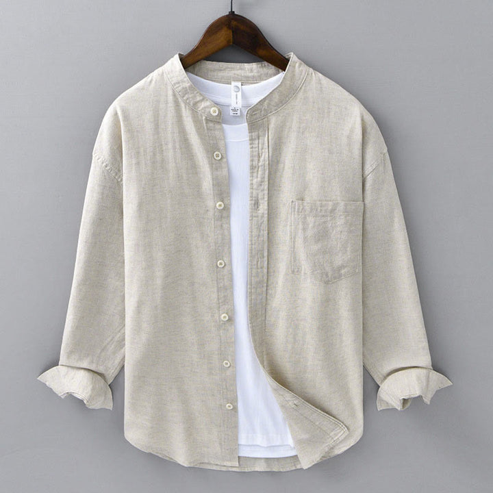 Buddha Stones Men's Long Sleeve Stand Collar With Pocket Pure Color Casual Cotton Linen Shirt - Linen - US/UK/AU40，EU50 (3XL) - image 0