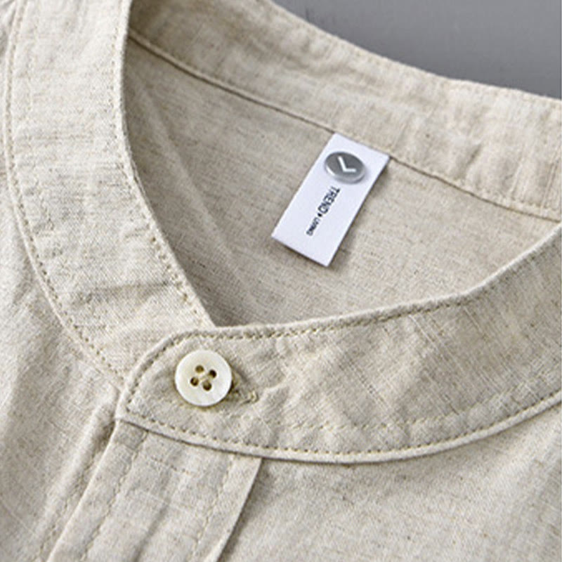 Buddha Stones Men's Long Sleeve Stand Collar With Pocket Pure Color Casual Cotton Linen Shirt - image 1