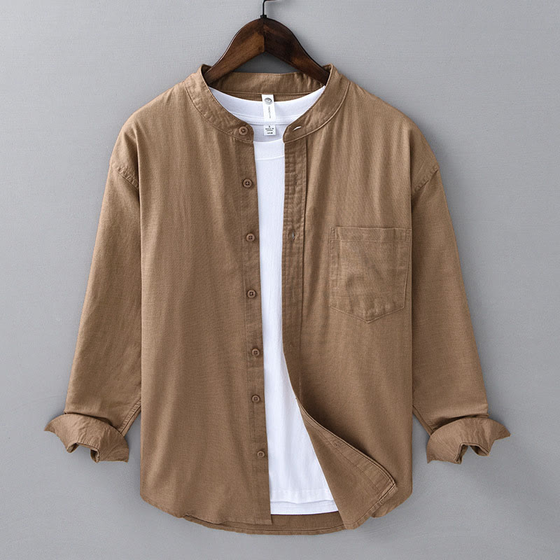 Buddha Stones Men's Long Sleeve Stand Collar With Pocket Pure Color Casual Cotton Linen Shirt - DarkGoldenrod - US/UK/AU40，EU50 (3XL) - image 21