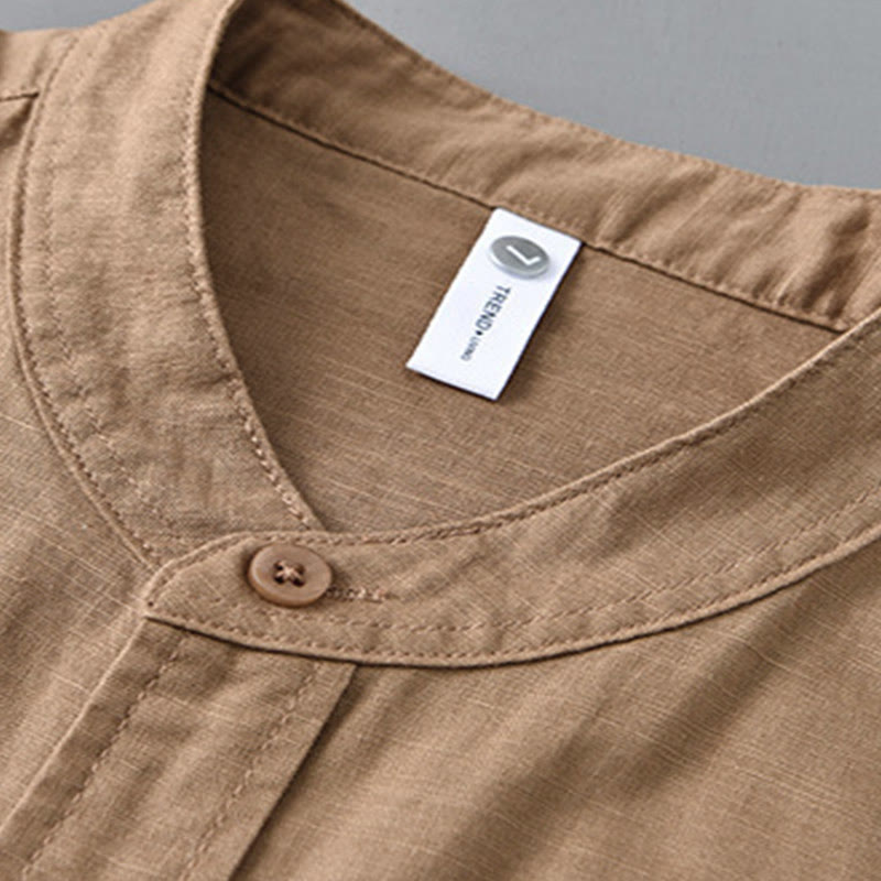 Buddha Stones Men's Long Sleeve Stand Collar With Pocket Pure Color Casual Cotton Linen Shirt - image 22