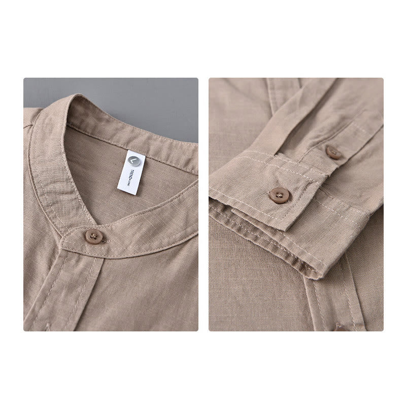 Buddha Stones Men's Long Sleeve Stand Collar With Pocket Pure Color Casual Cotton Linen Shirt - image 32