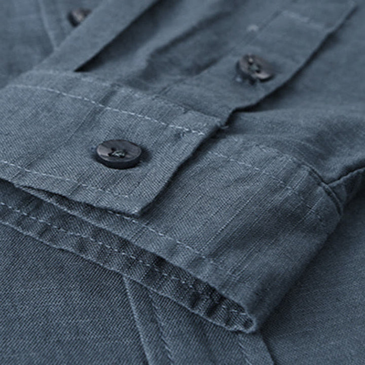 Buddha Stones Men's Long Sleeve Stand Collar With Pocket Pure Color Casual Cotton Linen Shirt - image 27