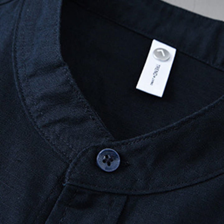 Buddha Stones Men's Long Sleeve Stand Collar With Pocket Pure Color Casual Cotton Linen Shirt - image 39