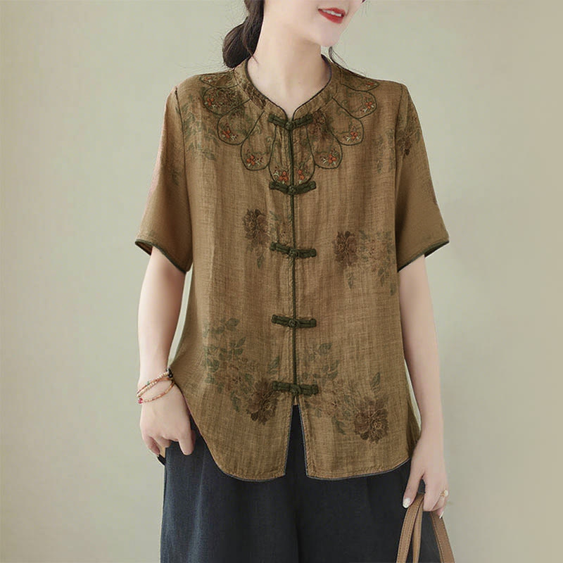 Buddha Stones Purple Flower Print Frog-Button Design Shirt - US16，UK/AU20，EU48 (3XL) - image 0