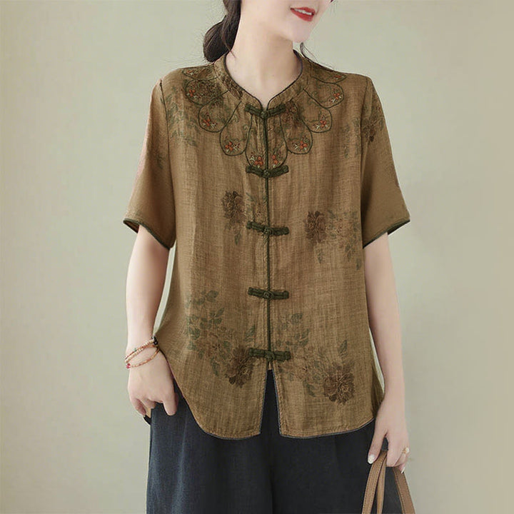 Buddha Stones Purple Flower Print Frog-Button Design Shirt - US16，UK/AU20，EU48 (3XL) - image 0
