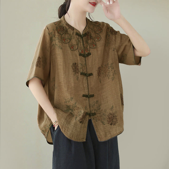 Buddha Stones Purple Flower Print Frog-Button Design Shirt - image 3