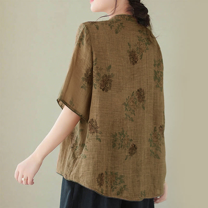 Buddha Stones Purple Flower Print Frog-Button Design Shirt - image 4