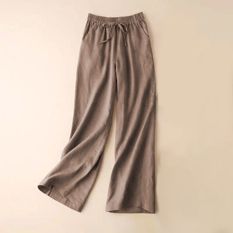 Buddha Stones Casual Cotton Linen High Waist Lace-up Wide Leg Pants With Pockets - Tan - US12，UK/AU16，EU44 (3XL) - image 29