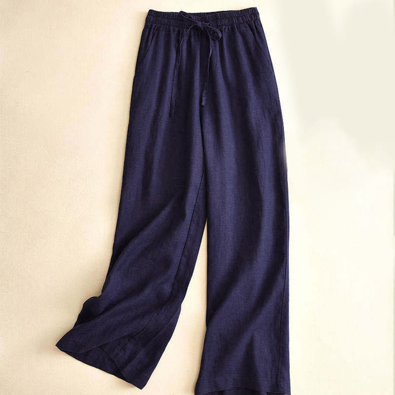 Buddha Stones Casual Cotton Linen High Waist Lace-up Wide Leg Pants With Pockets - SteelBlue - US12，UK/AU16，EU44 (3XL) - image 22