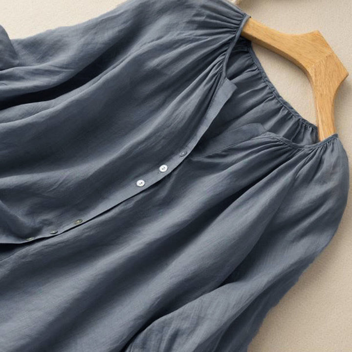 Buddha Stones Vintage Button Three Quarter Puff Sleeve V-Neck Women's Shirt - image 3