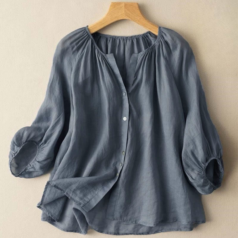 Buddha Stones Vintage Button Three Quarter Puff Sleeve V-Neck Cotton Women's Shirt - SteelBlue - US14，UK/AU18，EU46 (4XL) - image 1