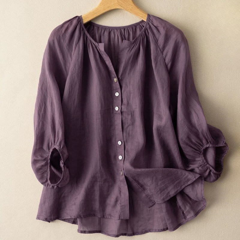 Buddha Stones Vintage Button Three Quarter Puff Sleeve V-Neck Women's Shirt - DarkMagenta - US14，UK/AU18，EU46 (4XL) - image 7