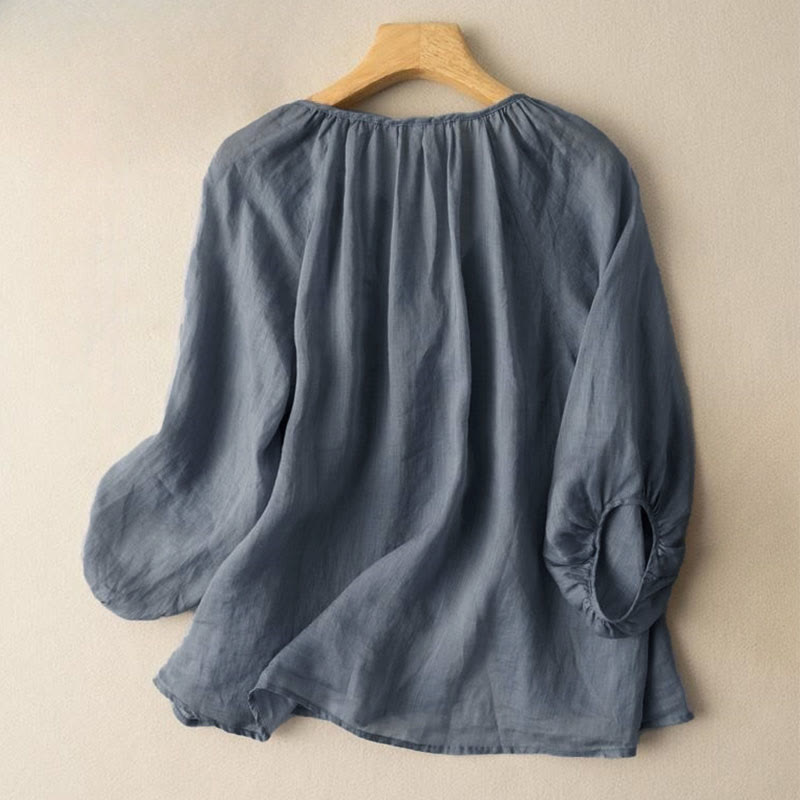 Buddha Stones Vintage Button Three Quarter Puff Sleeve V-Neck Cotton Women's Shirt - image 2