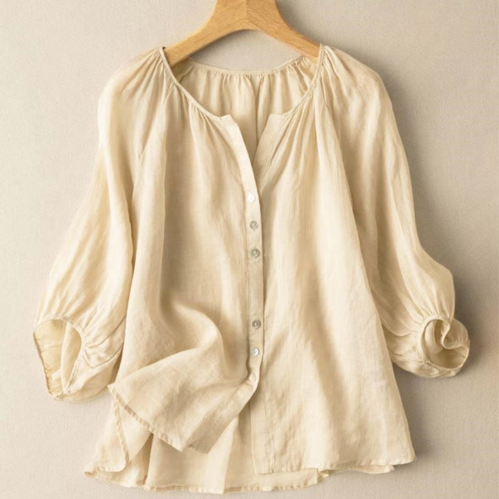 Buddha Stones Vintage Button Three Quarter Puff Sleeve V-Neck Women's Shirt - PaleGoldenrod - US14，UK/AU18，EU46 (4XL) - image 9