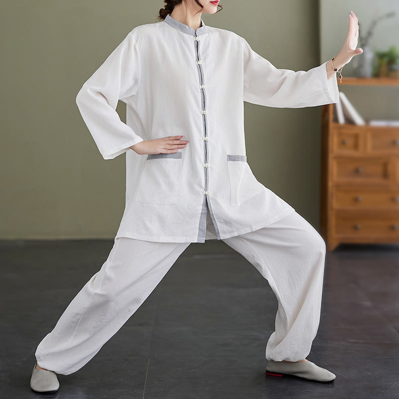 Buddha Stones 2pcs Cotton Tai Chi Shirt Top Pants Meditation Zen Clothing Women's Set - White - US8-10，UK/AU12-14，EU40-42 (2XL) - image 7