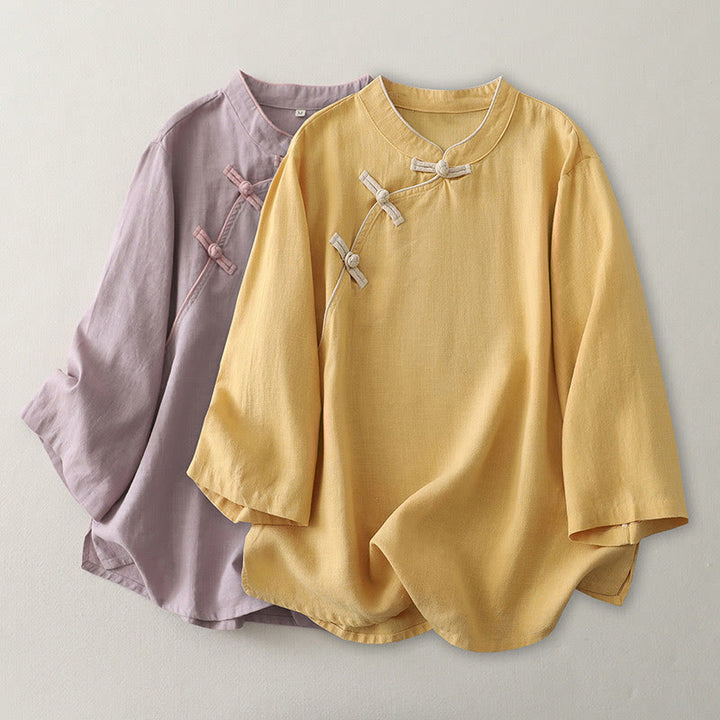 Buddha Stones Plain Slanted Buttons Cotton Linen Women's Shirt - image 7