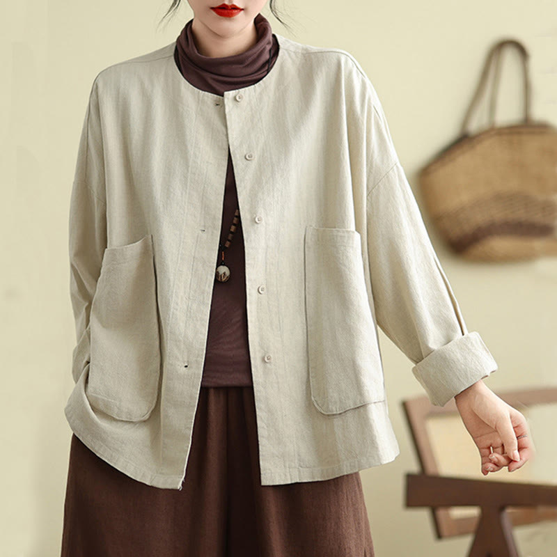 Buddha Stones Plain Design Long Sleeve Women's Cotton Linen Jacket With Pockets - image 1