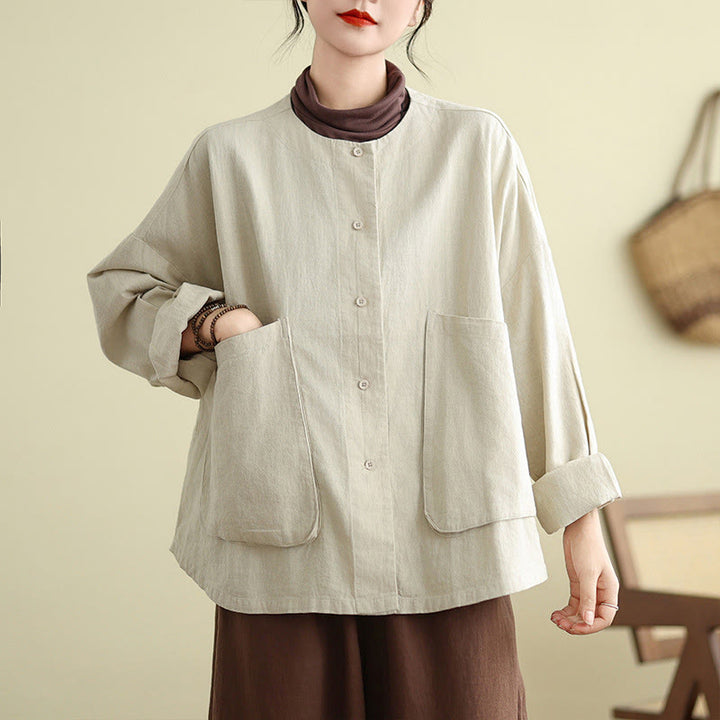 Buddha Stones Plain Design Long Sleeve Women's Cotton Linen Jacket With Pockets - image 2