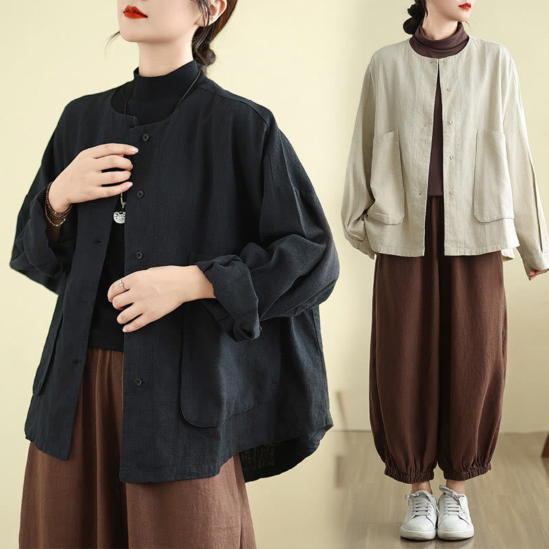 Buddha Stones Plain Design Long Sleeve Women's Cotton Linen Jacket With Pockets - image 18