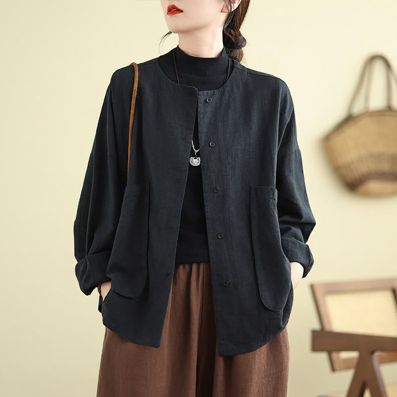 Buddha Stones Plain Design Long Sleeve Women's Cotton Linen Jacket With Pockets - image 15