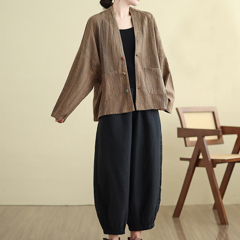 Buddha Stones Plain Long Sleeve Women's Cotton Linen Jacket With Pockets - image 6