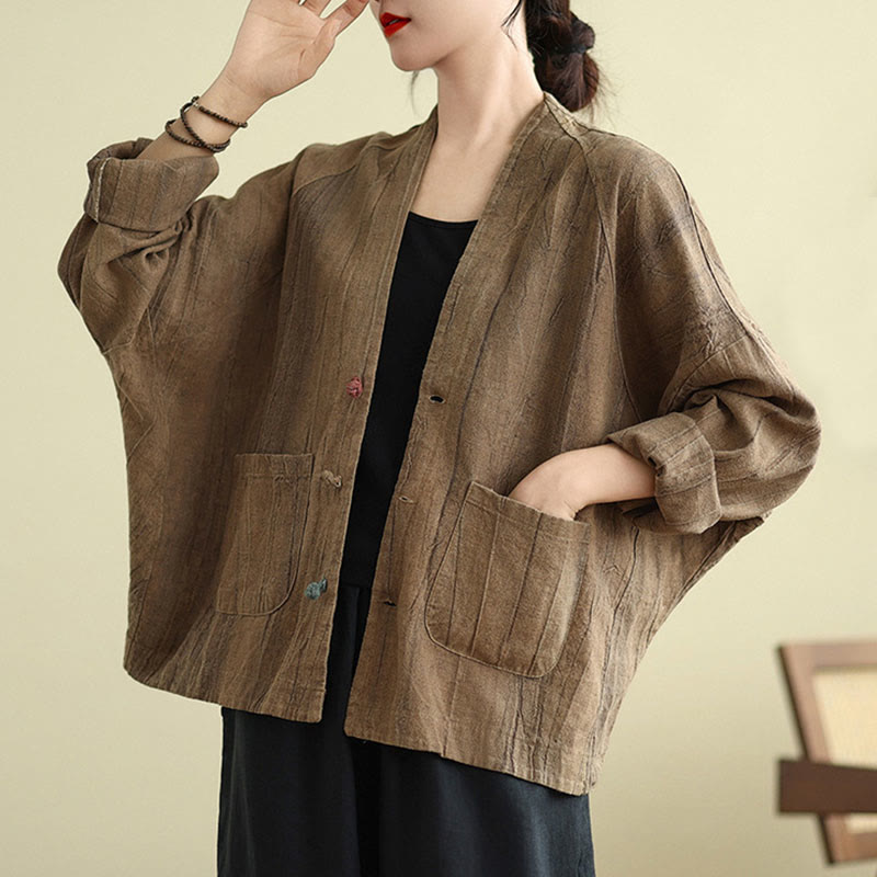 Buddha Stones Plain Long Sleeve Women's Cotton Linen Jacket With Pockets - image 3