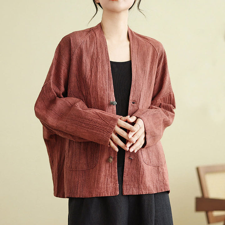 Buddha Stones Plain Long Sleeve Women's Cotton Linen Jacket With Pockets - IndianRed - US14，UK/AU18，EU46 (2XL) - image 8