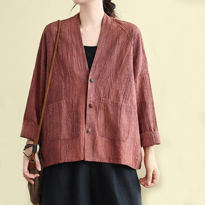 Buddha Stones Plain Long Sleeve Women's Cotton Linen Jacket With Pockets - image 9