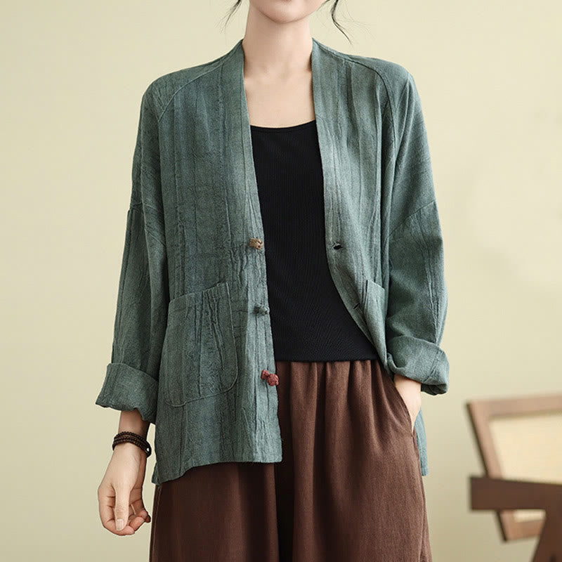 Buddha Stones Plain Long Sleeve Women's Cotton Linen Jacket With Pockets - image 19
