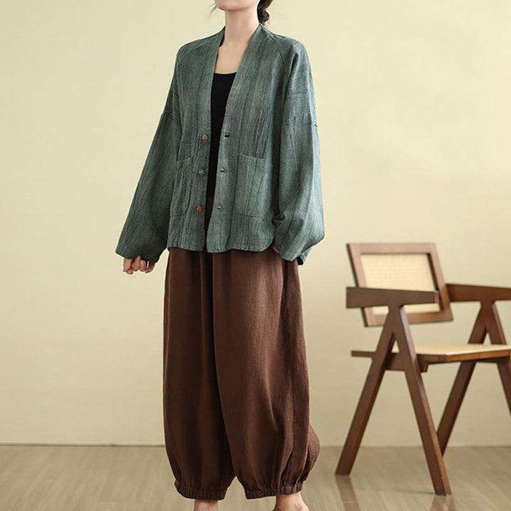 Buddha Stones Plain Long Sleeve Women's Cotton Linen Jacket With Pockets - image 22