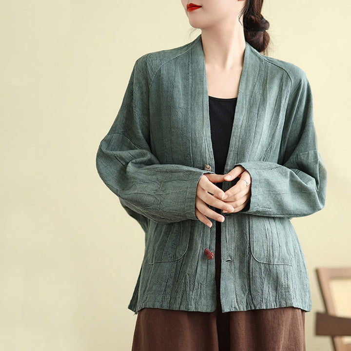 Buddha Stones Plain Long Sleeve Women's Cotton Linen Jacket With Pockets - image 22