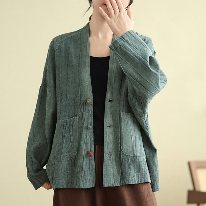 Buddha Stones Plain Long Sleeve Women's Cotton Linen Jacket With Pockets - image 20