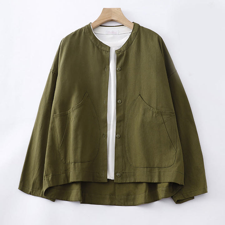 Buddha Stones Solid Color Long Sleeve Women's Cotton Jacket With Pockets - Olive - US14，UK/AU18，EU46 (2XL) - image 15