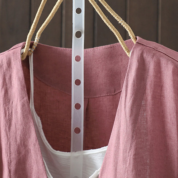 Buddha Stones Pure Color V-neck Women's Cotton Jacket With Pockets - image 14