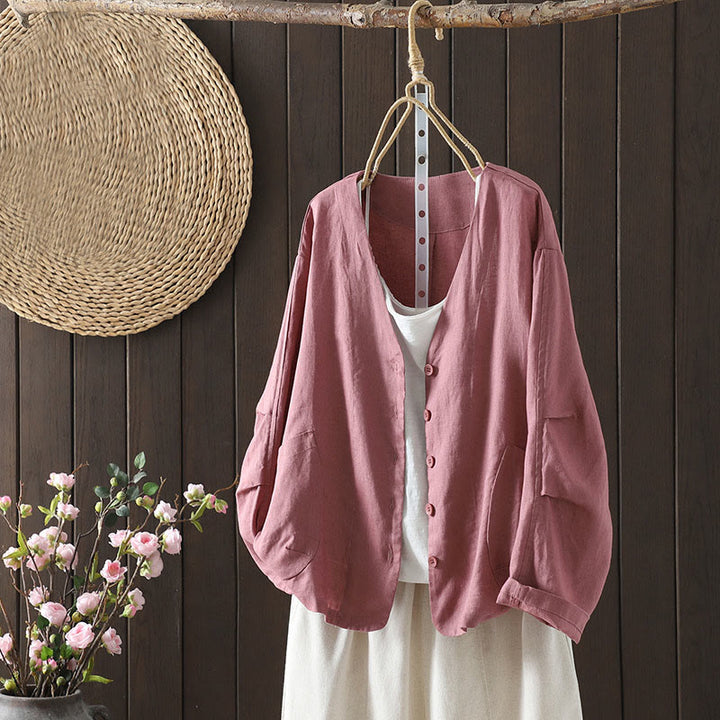 Buddha Stones Pure Color V-neck Women's Cotton Jacket With Pockets - PaleVioletRed - US14，UK/AU18，EU46 (2XL) - image 6