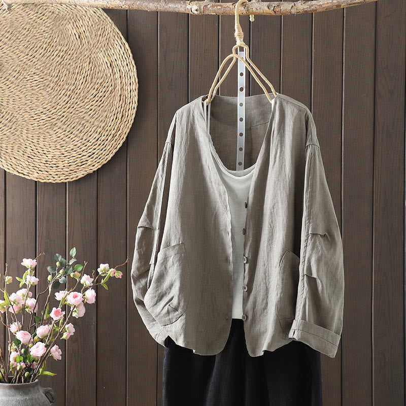 Buddha Stones Pure Color V-neck Women's Cotton Jacket With Pockets - DarkGray - US14，UK/AU18，EU46 (2XL) - image 23