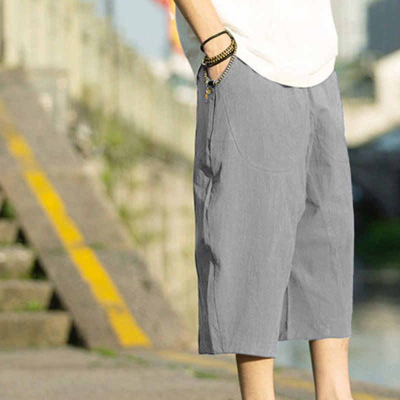 Buddha Stones Summer Plain Pleat Design Drawstring Men's 7-8 Length Cotton Linen Pants With Pockets - image 2