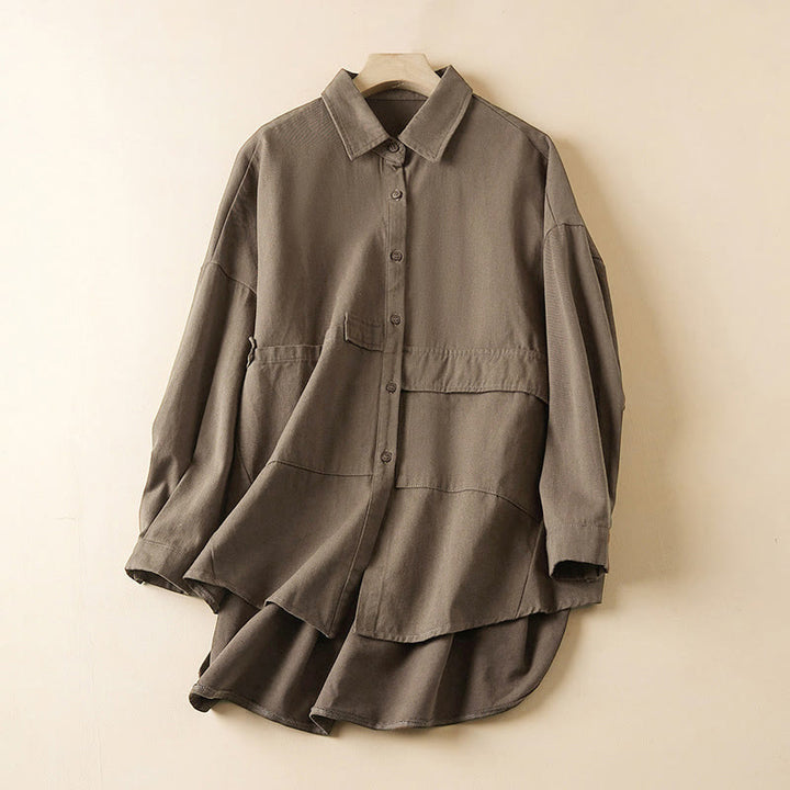 Buddha Stones Fall Irregular Design Long Sleeve Women's Cotton Linen Lapel Jacket With Pockets - Tan - US14，UK/AU18，EU46 (2XL) - image 14