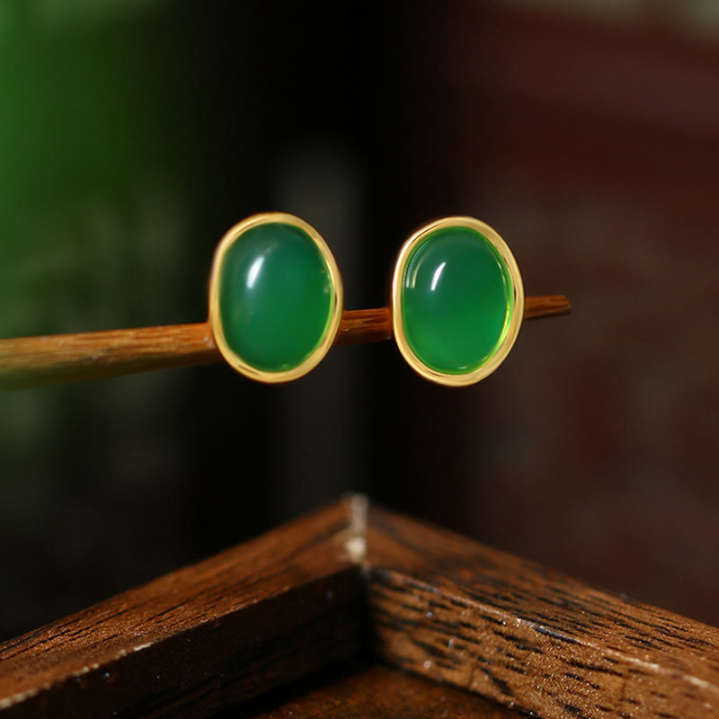 Buddha Stones 925 Sterling Silver Golden Green Chalcedony Strength Earrings  - image 1