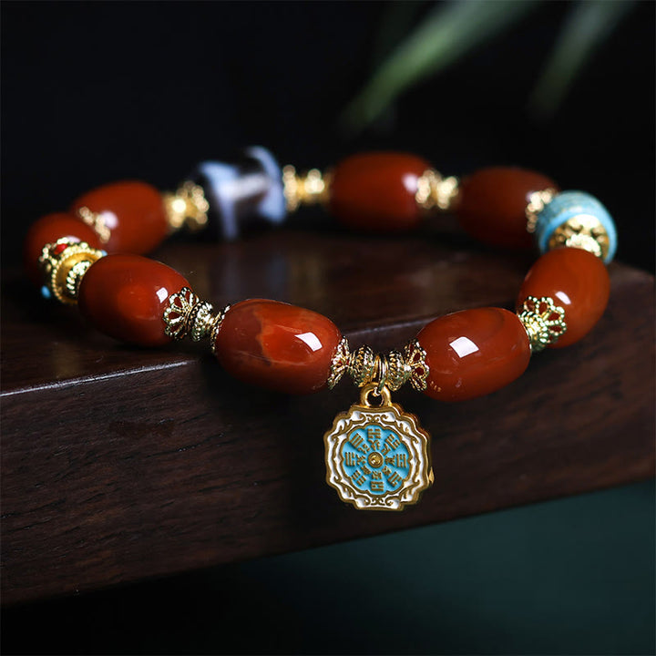 Buddha Stones Natural South Red Agate Bagua Dzi Bead Power Bracelet - South Red Agate & Bagua (Wrist Circumference: 15-18cm) - image 1