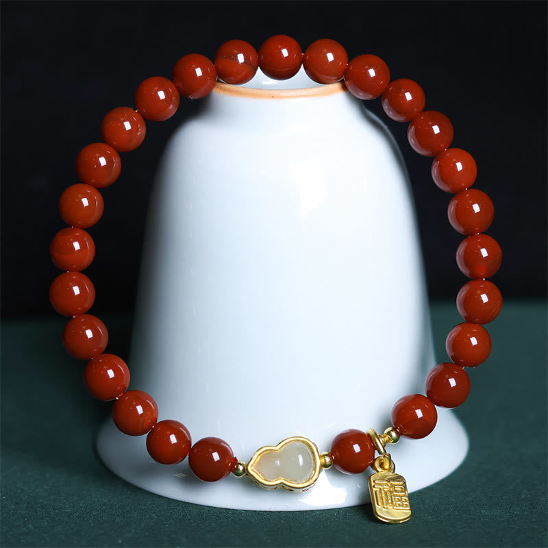 Buddha Stones Natural South Red Agate Hetian Jade Gourd Positive Bracelet - South Red Agate & Jade Gourd (Wrist Circumference: 15-18cm) - image 1