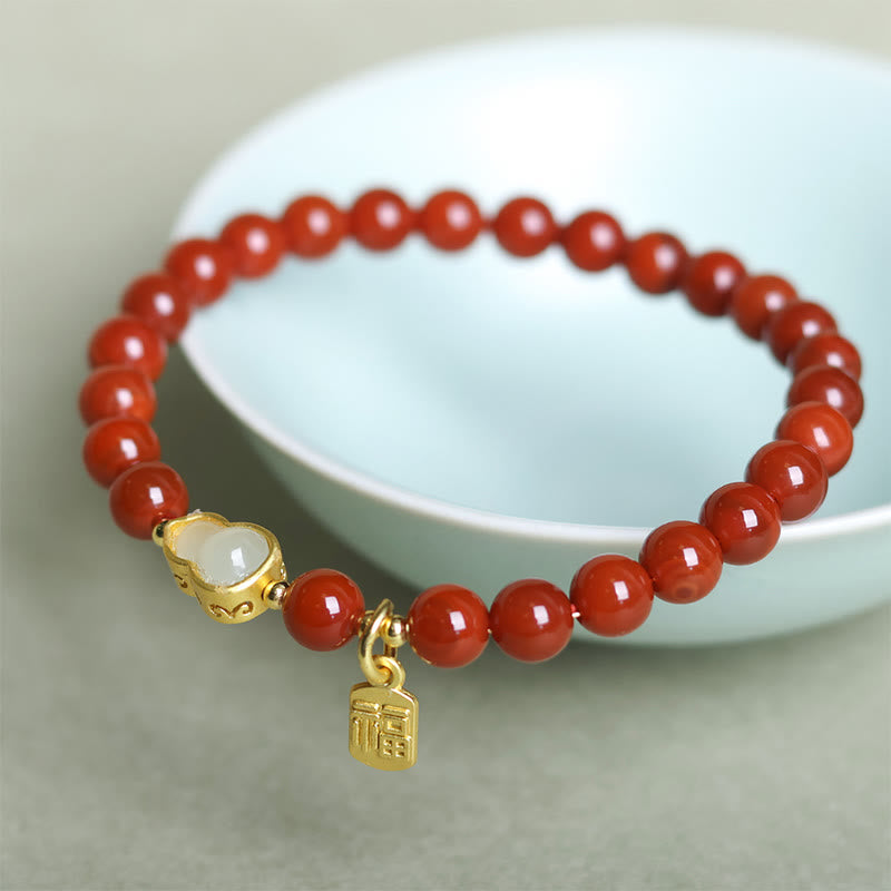 Buddha Stones Natural South Red Agate Hetian Jade Gourd Positive Bracelet - image 5
