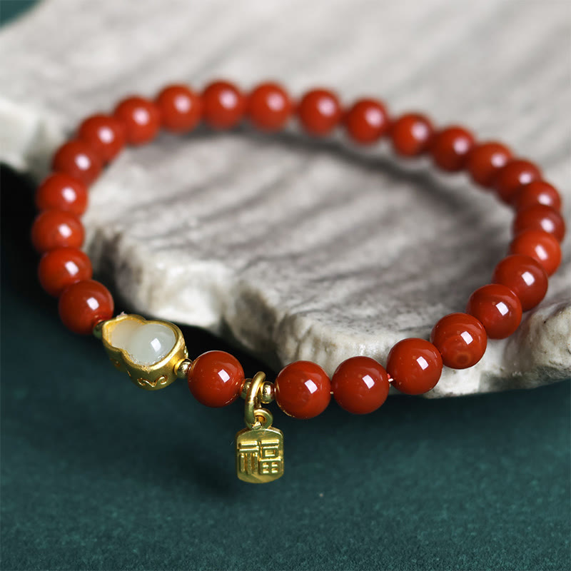 Buddha Stones Natural South Red Agate Hetian Jade Gourd Positive Bracelet - image 2