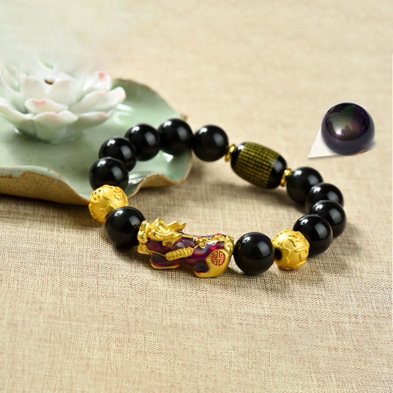Buddha Stones Fengshui Copper Pixiu Rainbow Obsidian Beads Wealth Bracelet - Om Mani Padme Hum & Color-changing Pixiu(Wrist circumference:18-19cm) - image 10