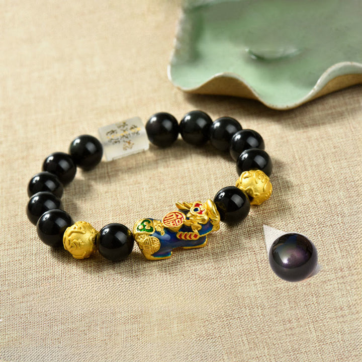 Buddha Stones Fengshui Copper Pixiu Rainbow Obsidian Beads Wealth Bracelet - Om Mani Padme Hum & Fu Character & Color-changing Pixiu(Wrist circumference:18-19cm) - image 1