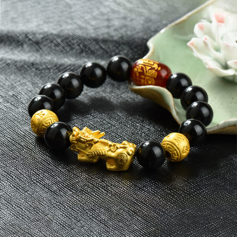 Buddha Stones Fengshui Copper Pixiu Rainbow Obsidian Beads Wealth Bracelet - Om Mani Padme Hum & Brass Pixiu(Wrist circumference:18-19cm) - image 23