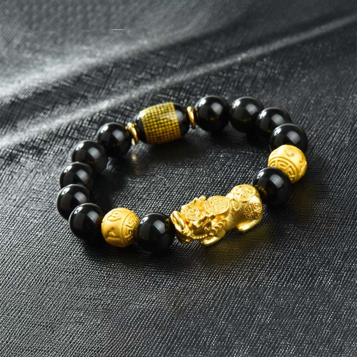 Buddha Stones Fengshui Copper Pixiu Rainbow Obsidian Beads Wealth Bracelet - Om Mani Padme Hum & Fu Character & Brass Pixiu(Wrist circumference:18-19cm) - image 26