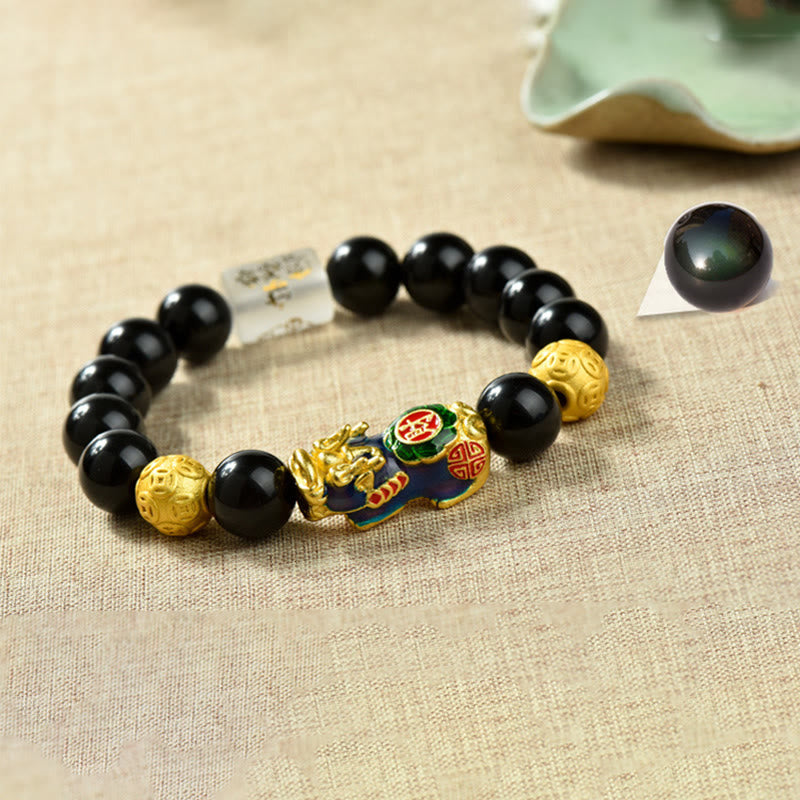 Buddha Stones Fengshui Copper Pixiu Rainbow Obsidian Beads Wealth Bracelet - Om Mani Padme Hum & Fortune & Color-changing Pixiu(Wrist circumference:18-19cm) - image 14