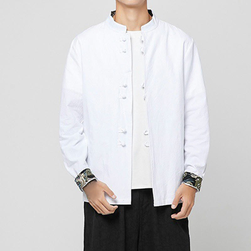 Buddha Stones Men's Frog-Button Dragon Pattern Cuffs Cotton Long Sleeve Shirt - White - US/UK/AU46，EU56 (5XL) - image 5